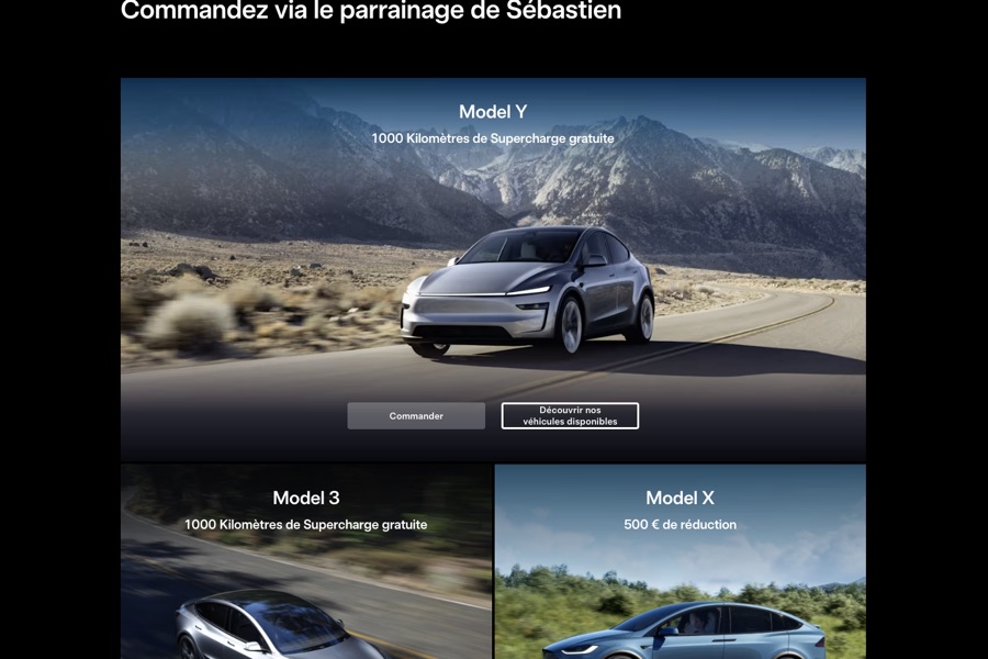 Page Tesla après ouverture du lien de parrainage